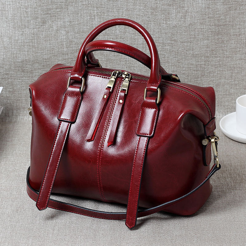 Genuine Waxed Cowhide Boston Tote Bag for Women, Vintage Trendy Shoulder Crossbody Large Handbag, Premium Leather Purse for Ladies