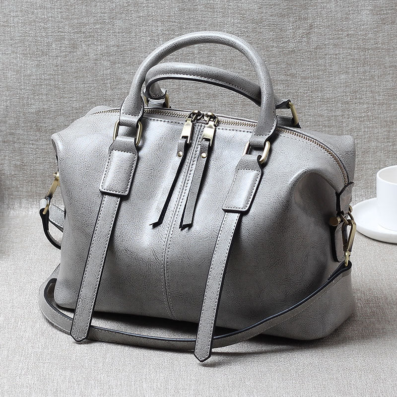 Genuine Waxed Cowhide Boston Tote Bag for Women, Vintage Trendy Shoulder Crossbody Large Handbag, Premium Leather Purse for Ladies