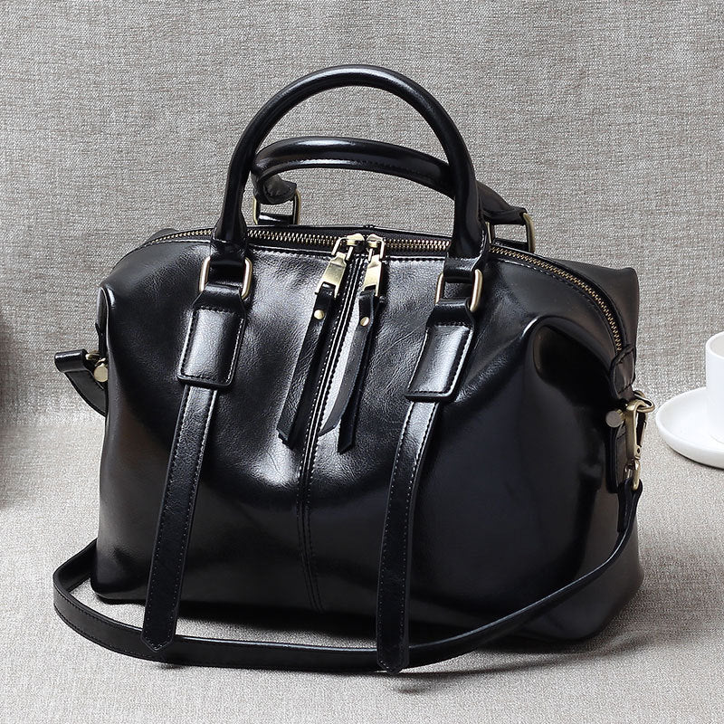 Genuine Waxed Cowhide Boston Tote Bag for Women, Vintage Trendy Shoulder Crossbody Large Handbag, Premium Leather Purse for Ladies