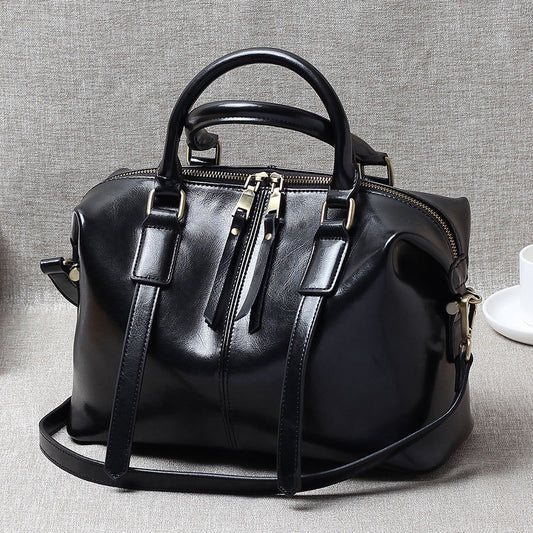 Genuine Waxed Cowhide Boston Tote Bag for Women, Vintage Trendy Shoulder Crossbody Large Handbag, Premium Leather Purse for Ladies