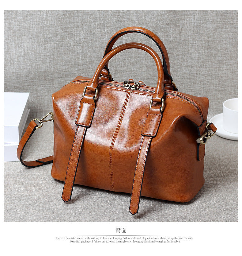 Genuine Waxed Cowhide Boston Tote Bag for Women, Vintage Trendy Shoulder Crossbody Large Handbag, Premium Leather Purse for Ladies