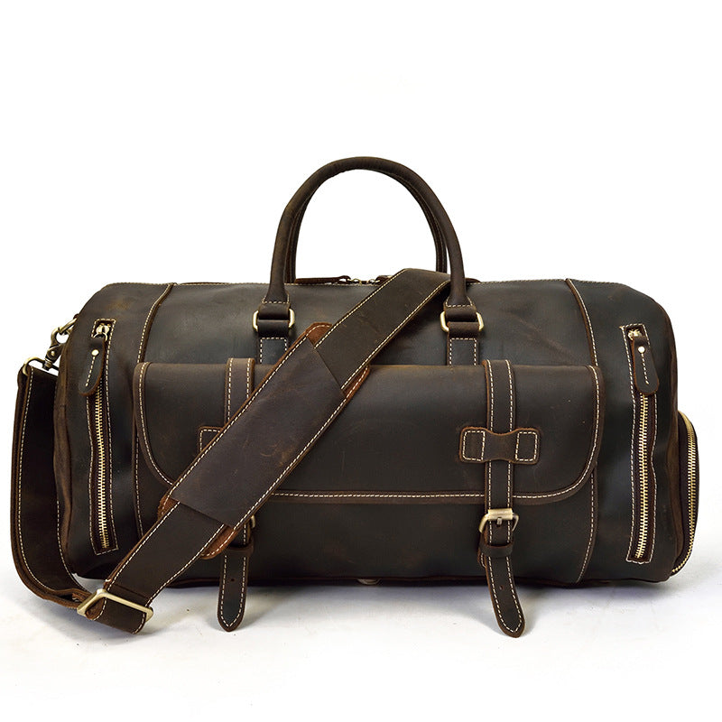 Crazy Horse Leather Large Capacity Travel Duffle with Shoe Compartment, Top Handle Shoulder Crossbody Bag, Premium Weekender for Men