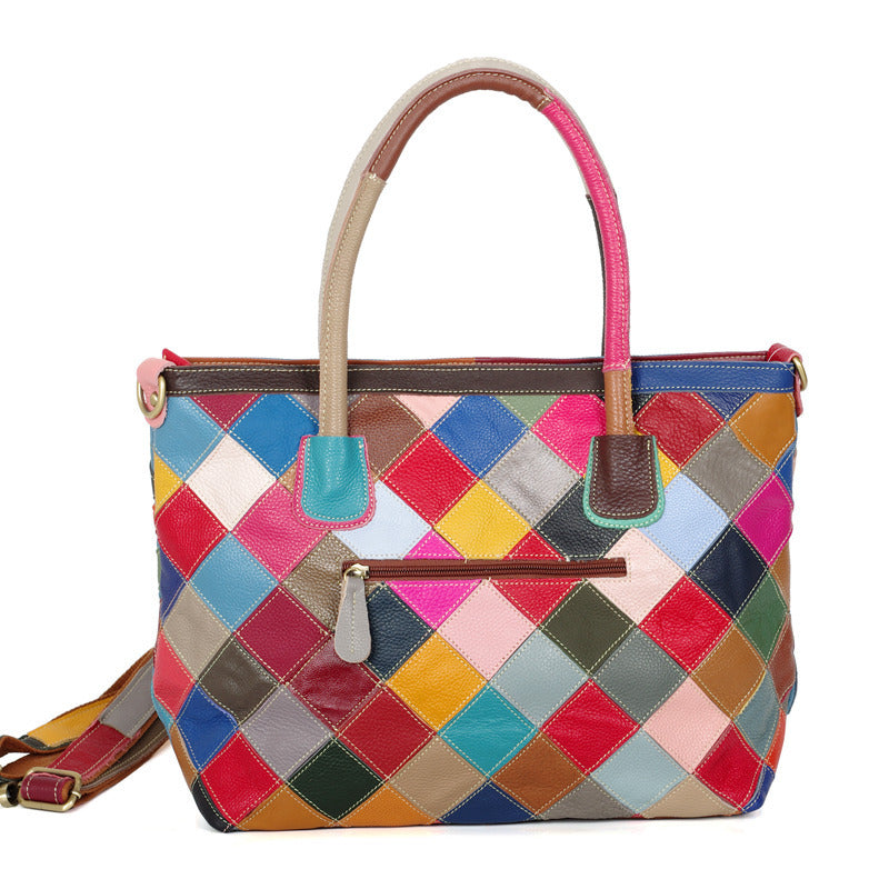 Premium Genuine Leather Geometric Plaid Bag for Women | Multi-Color Random Color-Block Patchwork Design with Unique Artistic Flair | Versatile Top-Handle Shoulder Cross-Body Handbag | Trendy Everyday Carryall with Effortless Casual Chic