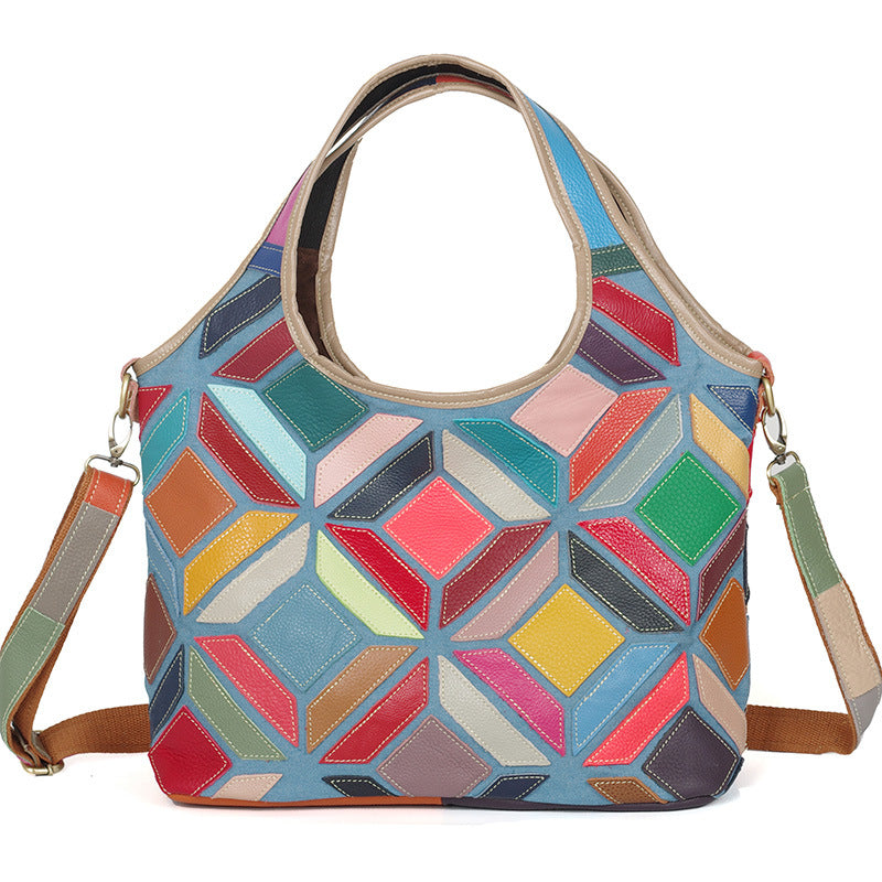 Genuine Top Layer Cowhide Multicolor Handmade Patchwork Handbag for Women, Niche Ethnic Casual Shoulder Purse, Unique Designer Bag for Ladies