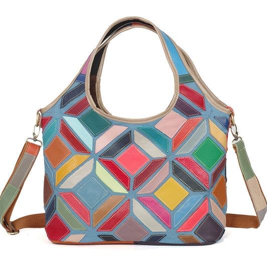Genuine Top Layer Cowhide Multicolor Handmade Patchwork Handbag for Women, Niche Ethnic Casual Shoulder Purse, Unique Designer Bag for Ladies