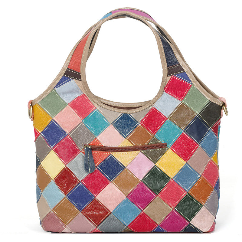 Genuine Top Layer Cowhide Multicolor Handmade Patchwork Handbag for Women, Niche Ethnic Casual Shoulder Purse, Unique Designer Bag for Ladies