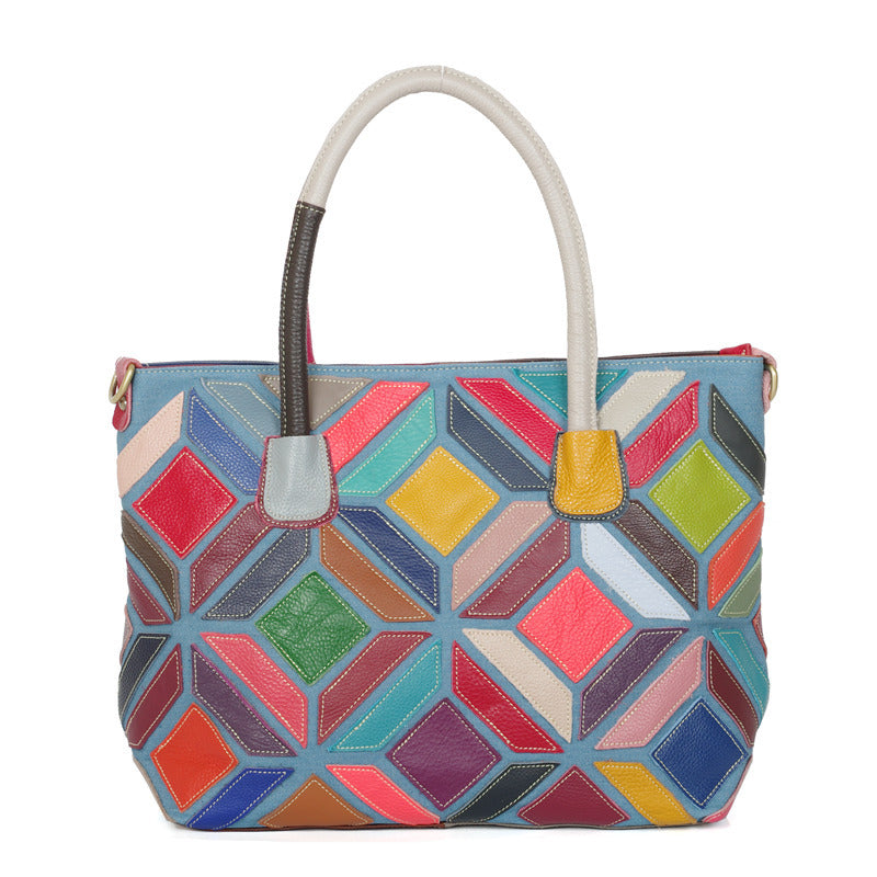 Premium Genuine Leather Geometric Plaid Bag for Women | Multi-Color Random Color-Block Patchwork Design with Unique Artistic Flair | Versatile Top-Handle Shoulder Cross-Body Handbag | Trendy Everyday Carryall with Effortless Casual Chic