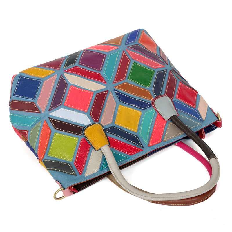 Premium Genuine Leather Geometric Plaid Bag for Women | Multi-Color Random Color-Block Patchwork Design with Unique Artistic Flair | Versatile Top-Handle Shoulder Cross-Body Handbag | Trendy Everyday Carryall with Effortless Casual Chic
