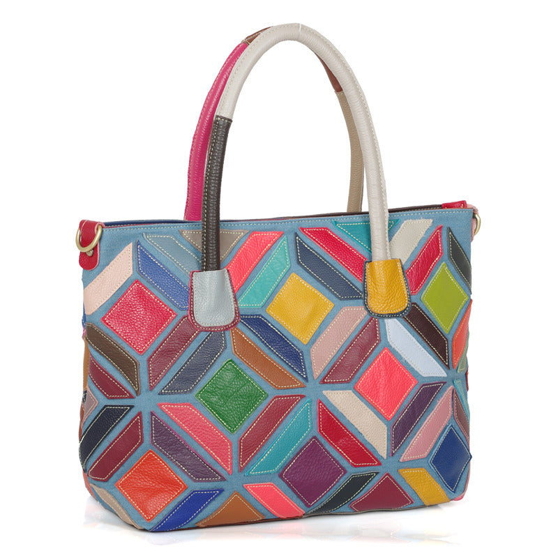Premium Genuine Leather Geometric Plaid Bag for Women | Multi-Color Random Color-Block Patchwork Design with Unique Artistic Flair | Versatile Top-Handle Shoulder Cross-Body Handbag | Trendy Everyday Carryall with Effortless Casual Chic
