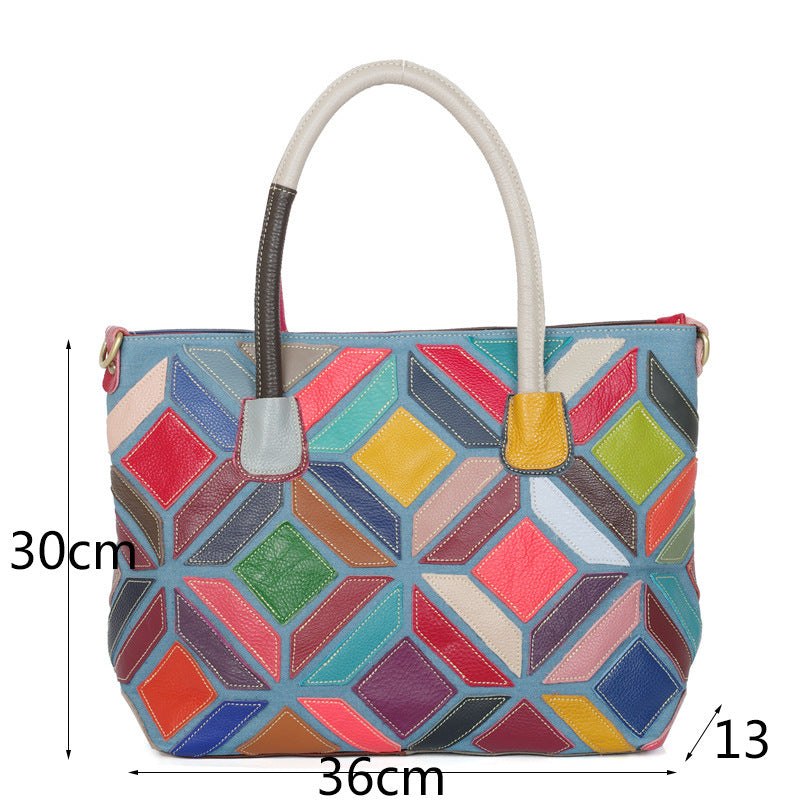 Premium Genuine Leather Geometric Plaid Bag for Women | Multi-Color Random Color-Block Patchwork Design with Unique Artistic Flair | Versatile Top-Handle Shoulder Cross-Body Handbag | Trendy Everyday Carryall with Effortless Casual Chic