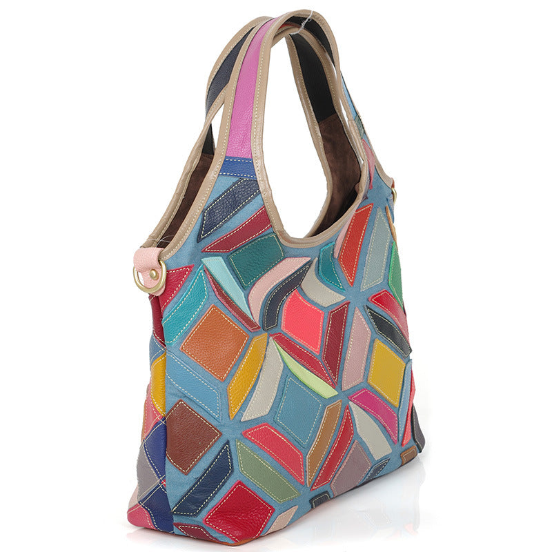 Genuine Top Layer Cowhide Multicolor Handmade Patchwork Handbag for Women, Niche Ethnic Casual Shoulder Purse, Unique Designer Bag for Ladies