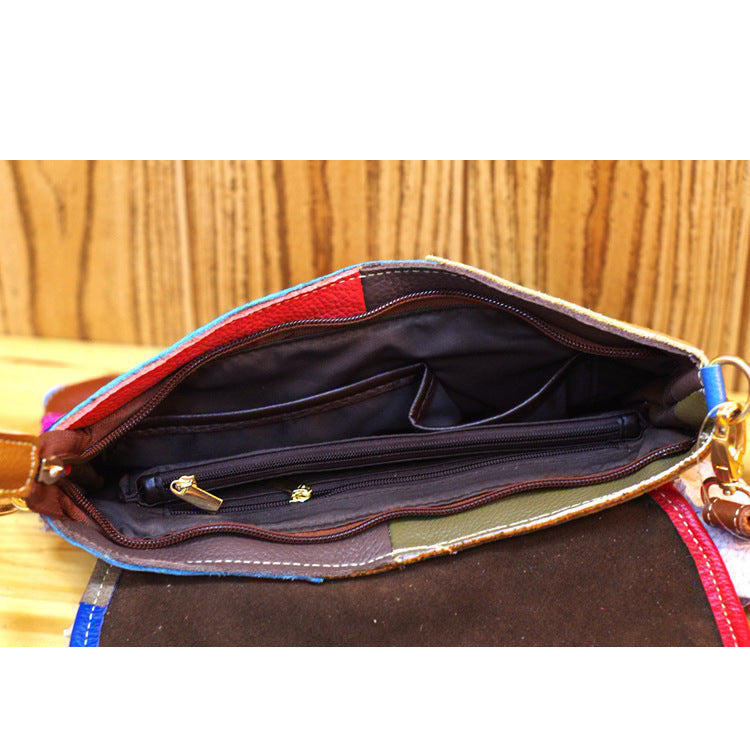 Premium Top-Layer Cowhide Leather Small Bag for Women | New Niche Designer Multi-Color Plaid Cross-Body Shoulder Handbag with Unique Artistic Style | Trendy Compact Purse for Everyday Chic, Travel & Casual Outings | Statement Accessory with Vibrant P
