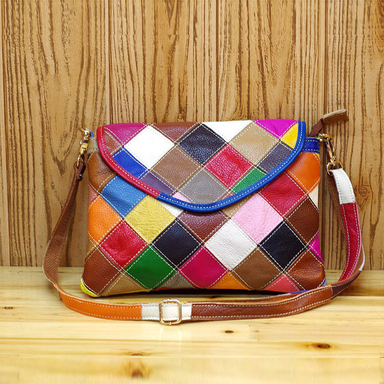 Premium Top-Layer Cowhide Leather Small Bag for Women | New Niche Designer Multi-Color Plaid Cross-Body Shoulder Handbag with Unique Artistic Style | Trendy Compact Purse for Everyday Chic, Travel & Casual Outings | Statement Accessory with Vibrant P