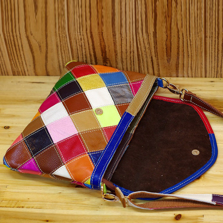 Premium Top-Layer Cowhide Leather Small Bag for Women | New Niche Designer Multi-Color Plaid Cross-Body Shoulder Handbag with Unique Artistic Style | Trendy Compact Purse for Everyday Chic, Travel & Casual Outings | Statement Accessory with Vibrant P