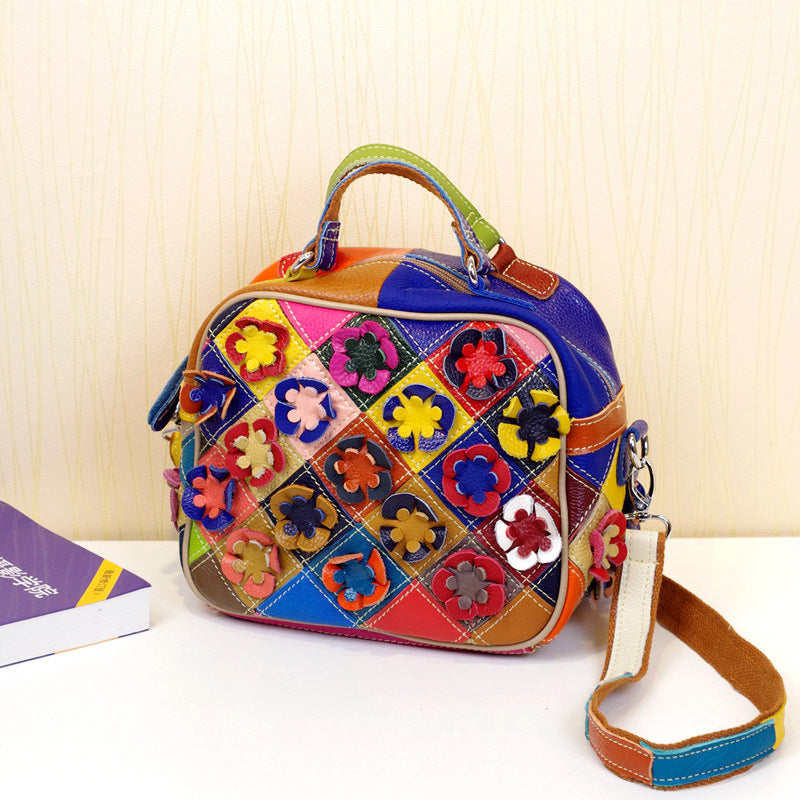 Genuine Top Layer Cowhide Multicolor Floral Handbag for Women, New Arrival Fashionable Unique Shoulder Top Handle Purse, Niche Designer Small Bag for Ladies