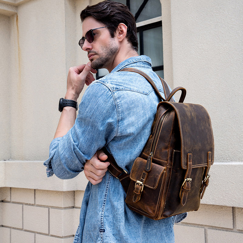 Men's Crazy Horse Leather Backpack Vintage Travel Daypack for Women Students, Genuine Leather Casual Rucksack Large Capacity