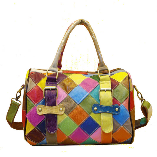 Genuine Cowhide Colorful Color Block Patchwork Handbag for Women, Shoulder Crossbody Top Handle Purse, Trendy Casual Bag for Ladies