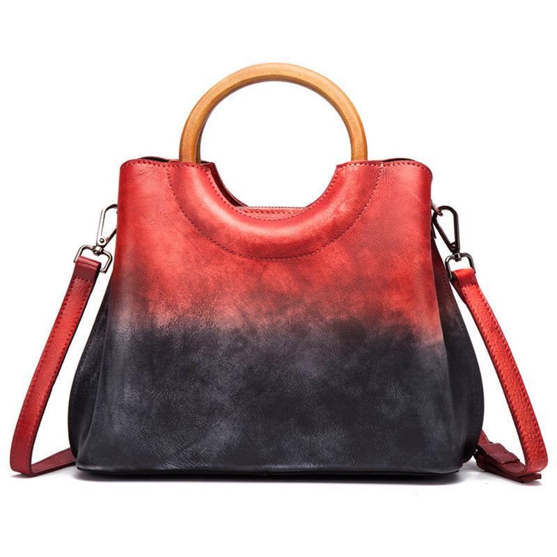 Genuine Vegetable-Tanned Leather Handmade Color Block Handbag for Women, Vintage Hand-Burnished Crossbody Top Handle Purse, Trendy Casual Bag for Ladies