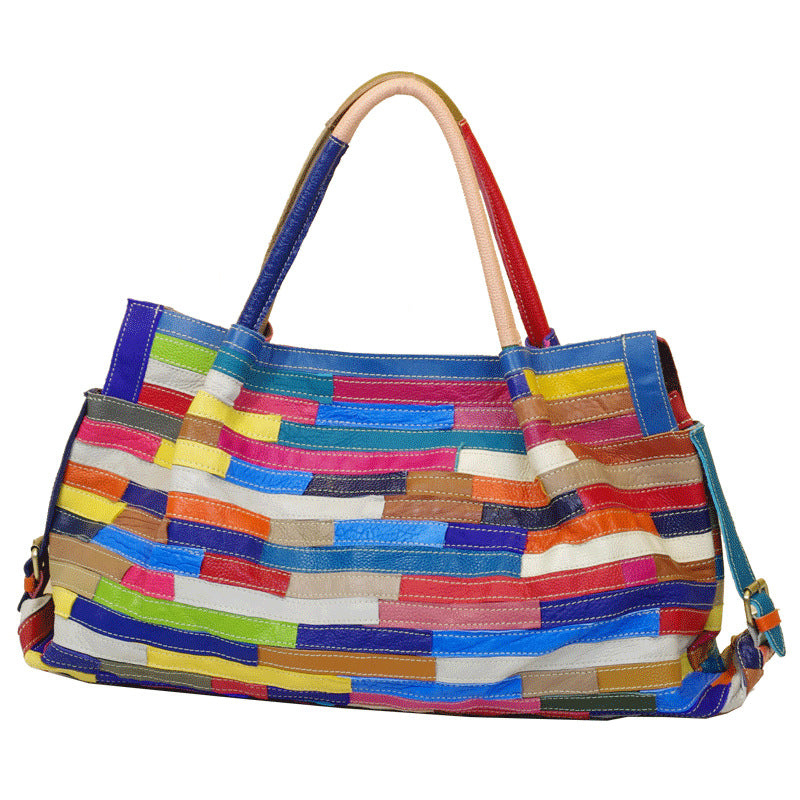 Genuine Top Layer Cowhide Striped Patchwork Handbag for Women, Minimalist Versatile Large Shoulder Crossbody Purse, New Arrival Everyday Bag for Ladies