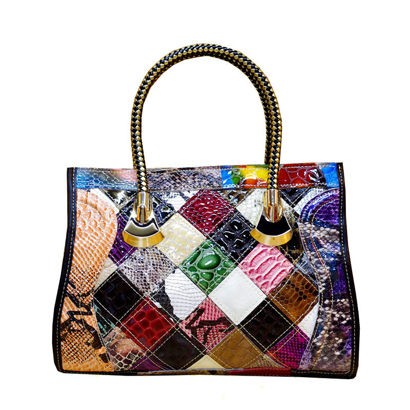 Genuine Leather Vintage Handmade Color Block Plaid Snakeskin Handbag for Women, Top Handle Crossbody Purse, Unique Retro Designer Bag for Ladies