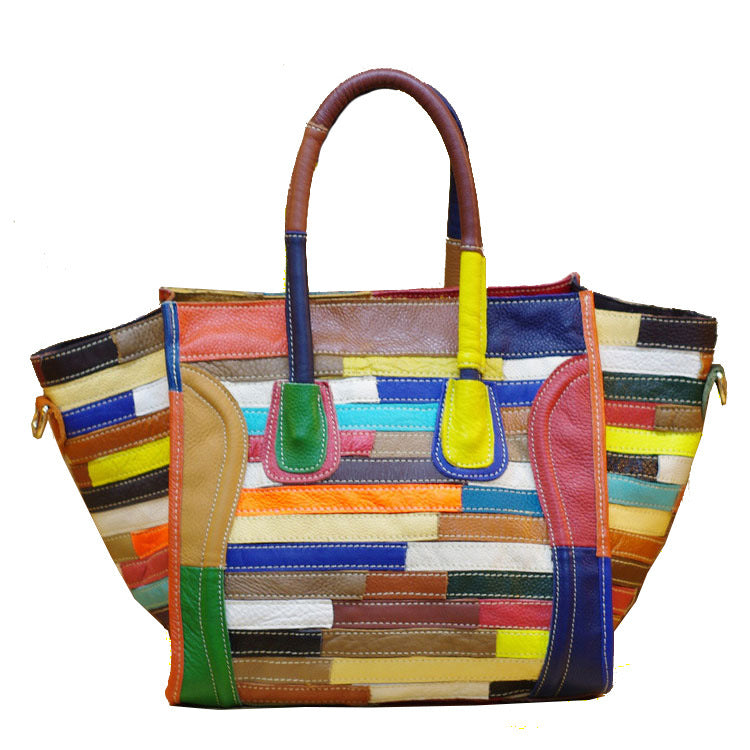 Genuine Top Layer Cowhide Ethnic Colorful Stripe Patchwork Handbag for Women, Smiley Face Color Block Top Handle Crossbody Purse, Trendy Casual Bag for Ladies