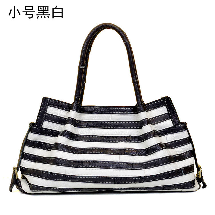 Genuine Top Layer Cowhide Striped Patchwork Handbag for Women, Minimalist Versatile Large Shoulder Crossbody Purse, New Arrival Everyday Bag for Ladies