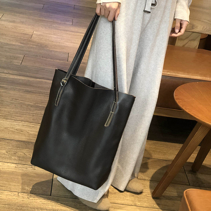 Genuine Top Layer Cowhide Tote Bag for Women, New Japanese-Korean Minimalist Large Capacity Shoulder Top Handle Handbag, Versatile Everyday Purse for Ladies
