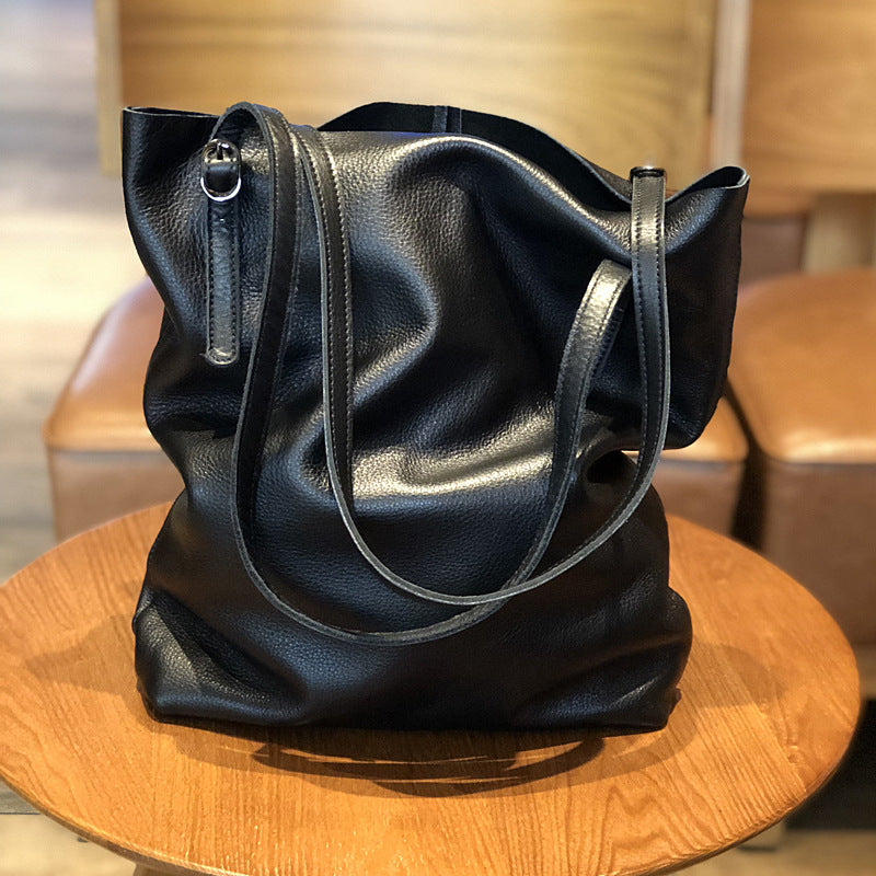 Genuine Top Layer Cowhide Tote Bag for Women, New Japanese-Korean Minimalist Large Capacity Shoulder Top Handle Handbag, Versatile Everyday Purse for Ladies