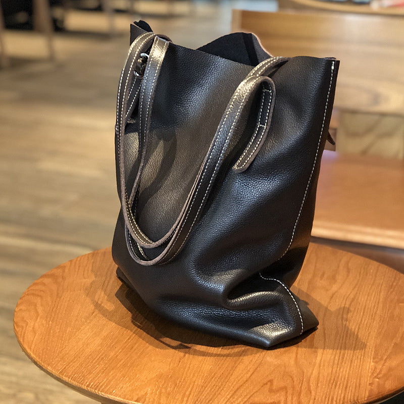 Genuine Top Layer Cowhide Tote Bag for Women, New Japanese-Korean Minimalist Large Capacity Shoulder Top Handle Handbag, Versatile Everyday Purse for Ladies