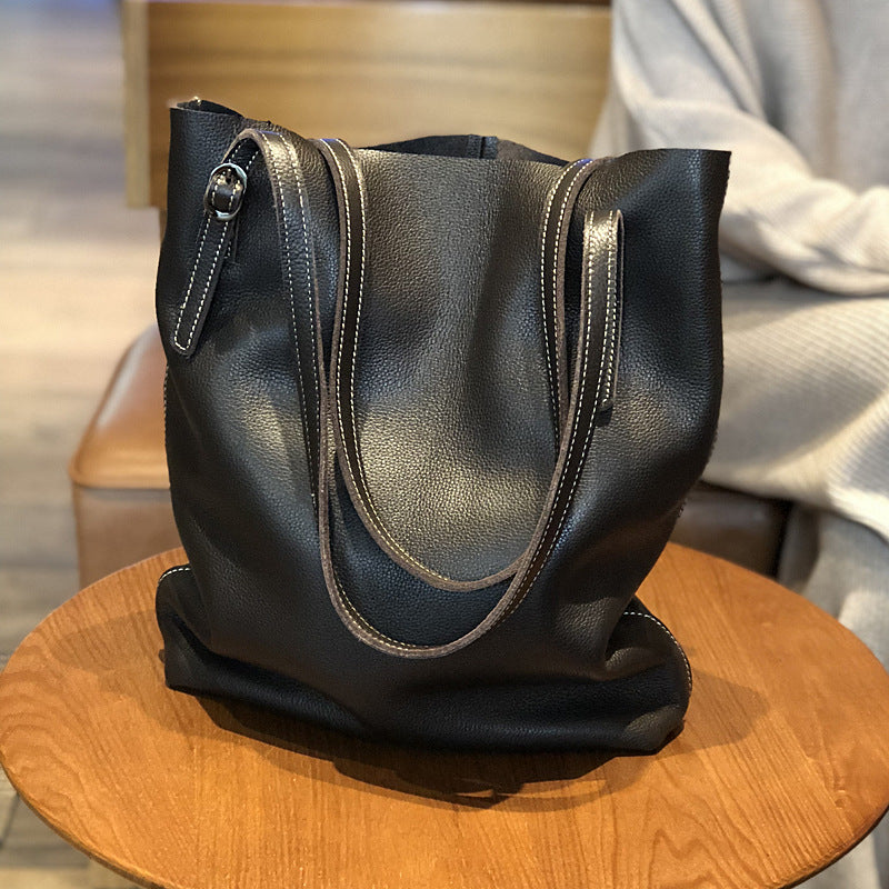 Genuine Top Layer Cowhide Tote Bag for Women, New Japanese-Korean Minimalist Large Capacity Shoulder Top Handle Handbag, Versatile Everyday Purse for Ladies