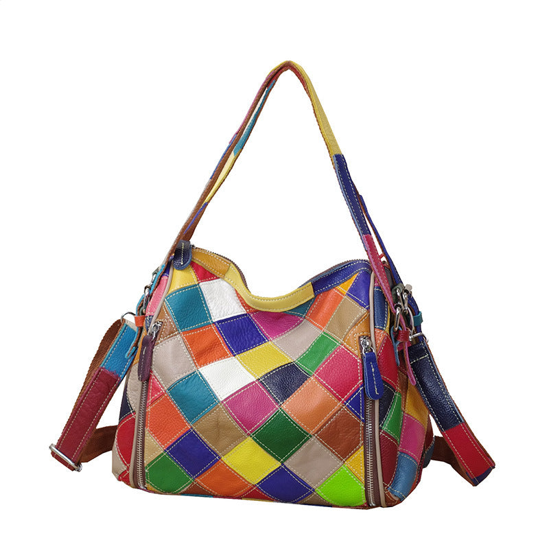 Premium Genuine Leather Colorful Patchwork Bag for Women | Trendy Scrap Leather Paneled Top-Handle Shoulder Handbag with Unique Artistic Design | Fashionable Casual Purse for Work, Errands & Everyday Chic | One-of-a-Kind Statement Accessory with Vibr