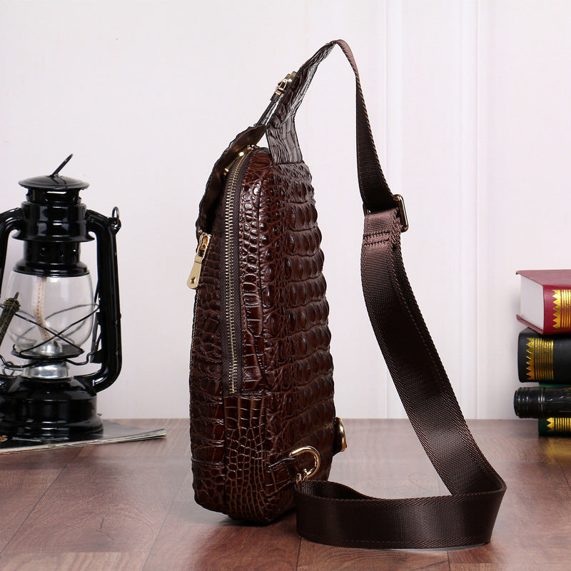 New Arrival Croc-Effect Korean Style Chest Bag for Men, A Genuine Leather Casual Shoulder Crossbody Handbag with Trendy Fashionable Design