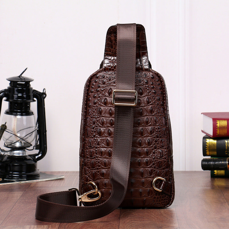 New Arrival Croc-Effect Korean Style Chest Bag for Men, A Genuine Leather Casual Shoulder Crossbody Handbag with Trendy Fashionable Design