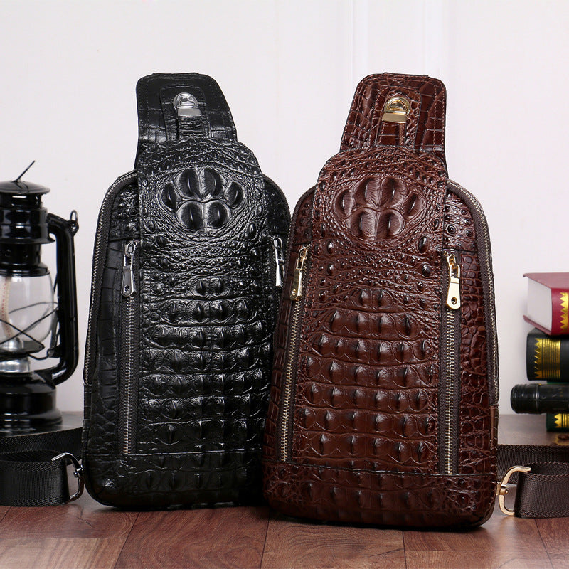 New Arrival Croc-Effect Korean Style Chest Bag for Men, A Genuine Leather Casual Shoulder Crossbody Handbag with Trendy Fashionable Design