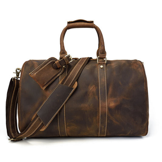 Vintage Crazy Horse Leather Cylindrical Duffle Bag, Large Capacity Travel Luggage, Top Handle Shoulder Bag for Men