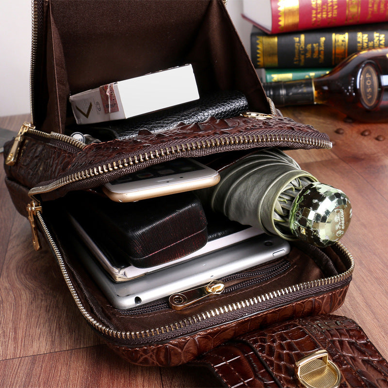 New Arrival Croc-Effect Korean Style Chest Bag for Men, A Genuine Leather Casual Shoulder Crossbody Handbag with Trendy Fashionable Design