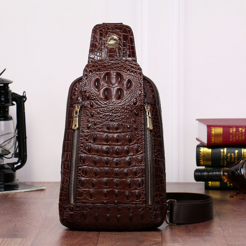 New Arrival Croc-Effect Korean Style Chest Bag for Men, A Genuine Leather Casual Shoulder Crossbody Handbag with Trendy Fashionable Design