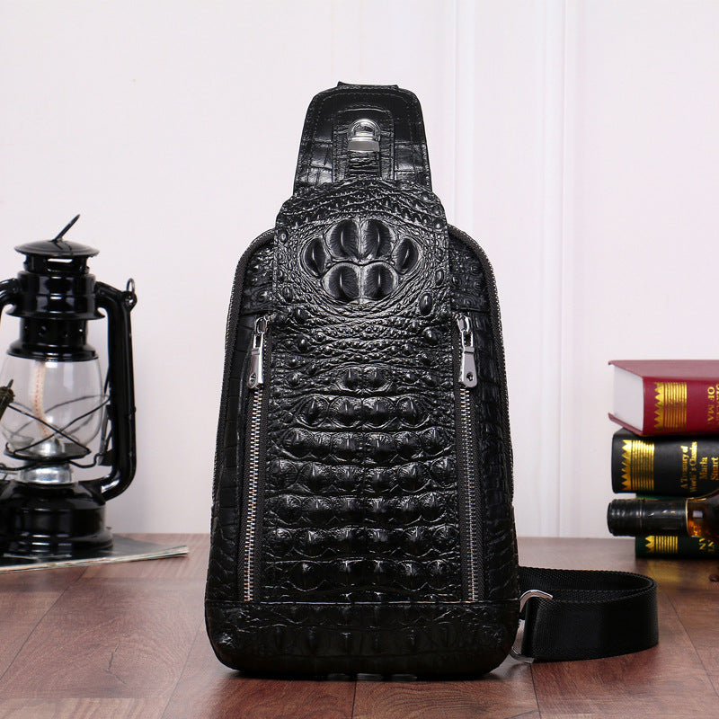 New Arrival Croc-Effect Korean Style Chest Bag for Men, A Genuine Leather Casual Shoulder Crossbody Handbag with Trendy Fashionable Design
