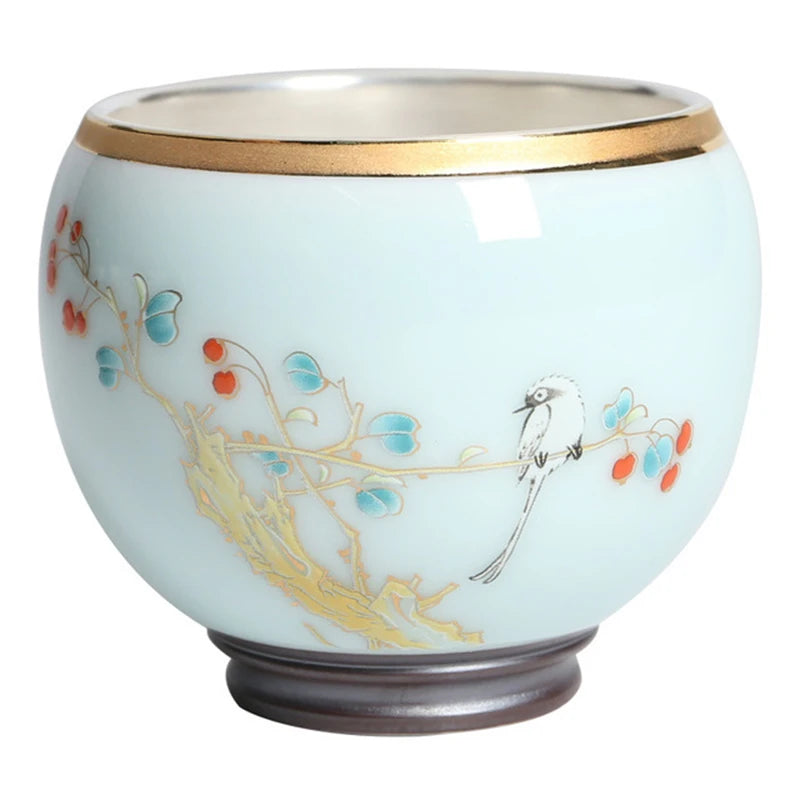 999 Silver gilt tea bowl Ru Kiln Antique Tea Cup Chinese kungfu master tea cup porcelain handpainted cup of tea Chinese tea cup