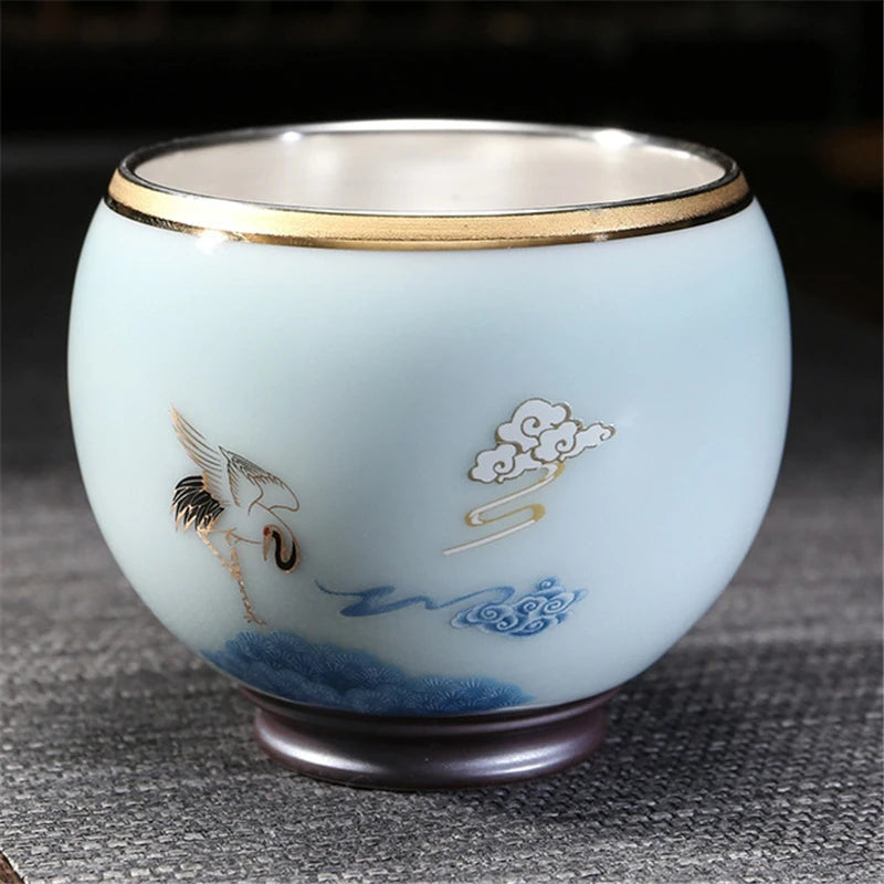 999 Silver gilt tea bowl Ru Kiln Antique Tea Cup Chinese kungfu master tea cup porcelain handpainted cup of tea Chinese tea cup