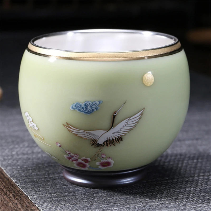 999 Silver gilt tea bowl Ru Kiln Antique Tea Cup Chinese kungfu master tea cup porcelain handpainted cup of tea Chinese tea cup
