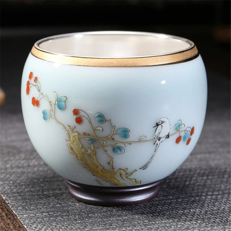 999 Silver gilt tea bowl Ru Kiln Antique Tea Cup Chinese kungfu master tea cup porcelain handpainted cup of tea Chinese tea cup