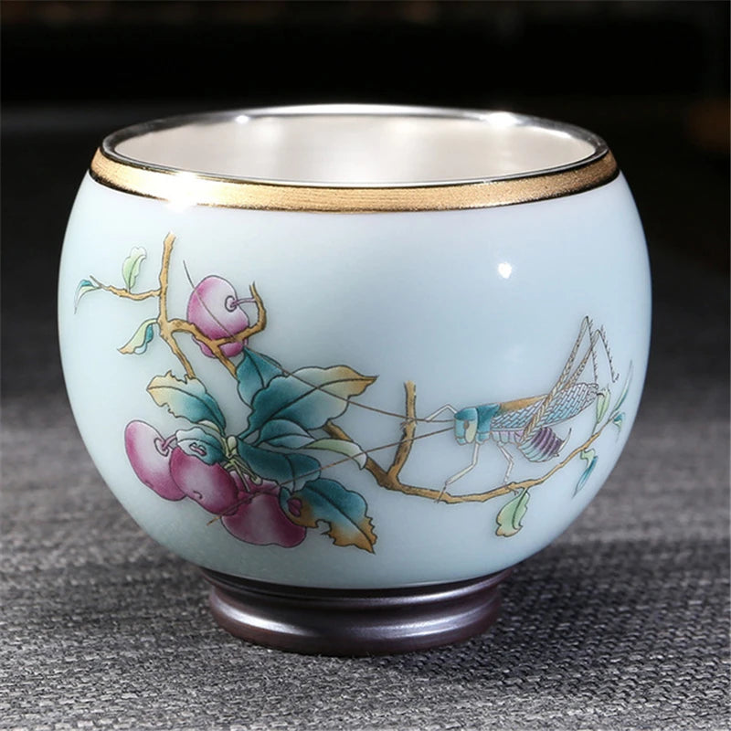 999 Silver gilt tea bowl Ru Kiln Antique Tea Cup Chinese kungfu master tea cup porcelain handpainted cup of tea Chinese tea cup