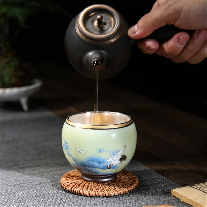 999 Silver gilt tea bowl Ru Kiln Antique Tea Cup Chinese kungfu master tea cup porcelain handpainted cup of tea Chinese tea cup