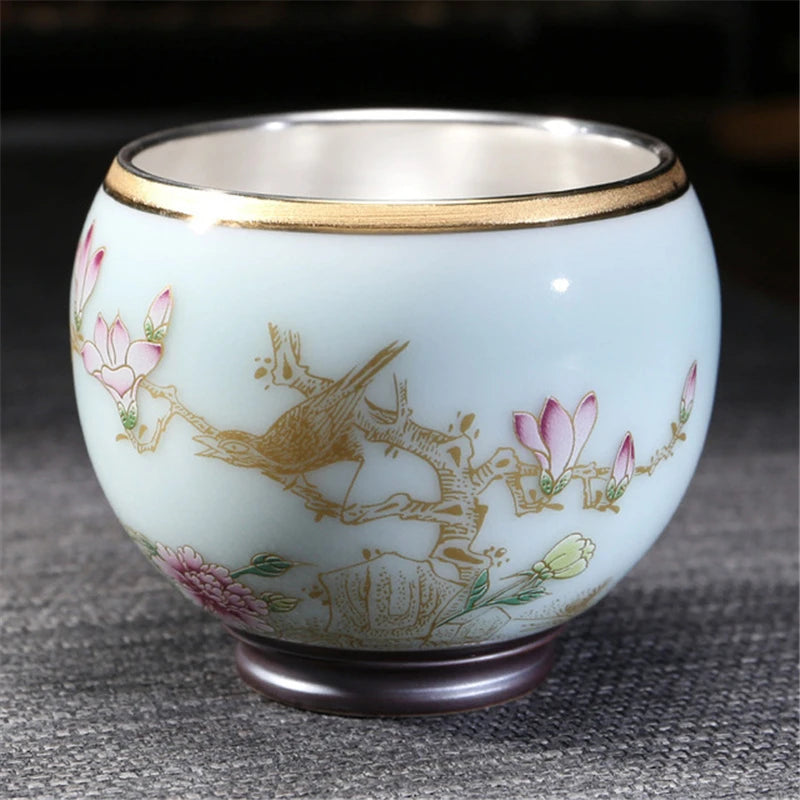 999 Silver gilt tea bowl Ru Kiln Antique Tea Cup Chinese kungfu master tea cup porcelain handpainted cup of tea Chinese tea cup