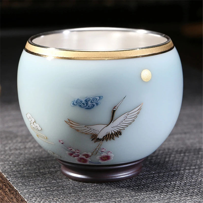 999 Silver gilt tea bowl Ru Kiln Antique Tea Cup Chinese kungfu master tea cup porcelain handpainted cup of tea Chinese tea cup
