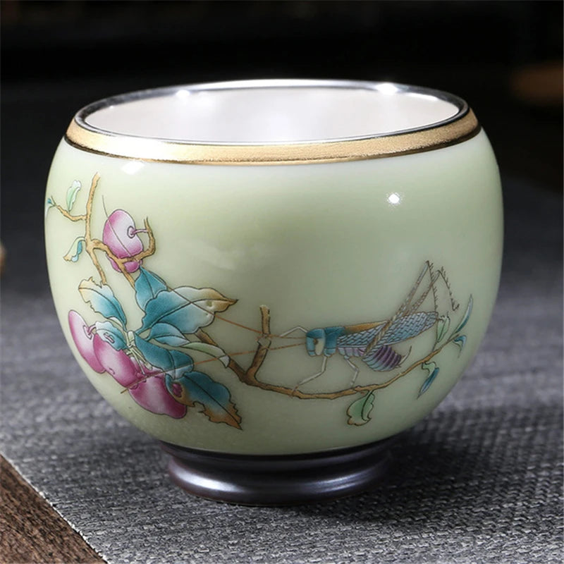 999 Silver gilt tea bowl Ru Kiln Antique Tea Cup Chinese kungfu master tea cup porcelain handpainted cup of tea Chinese tea cup