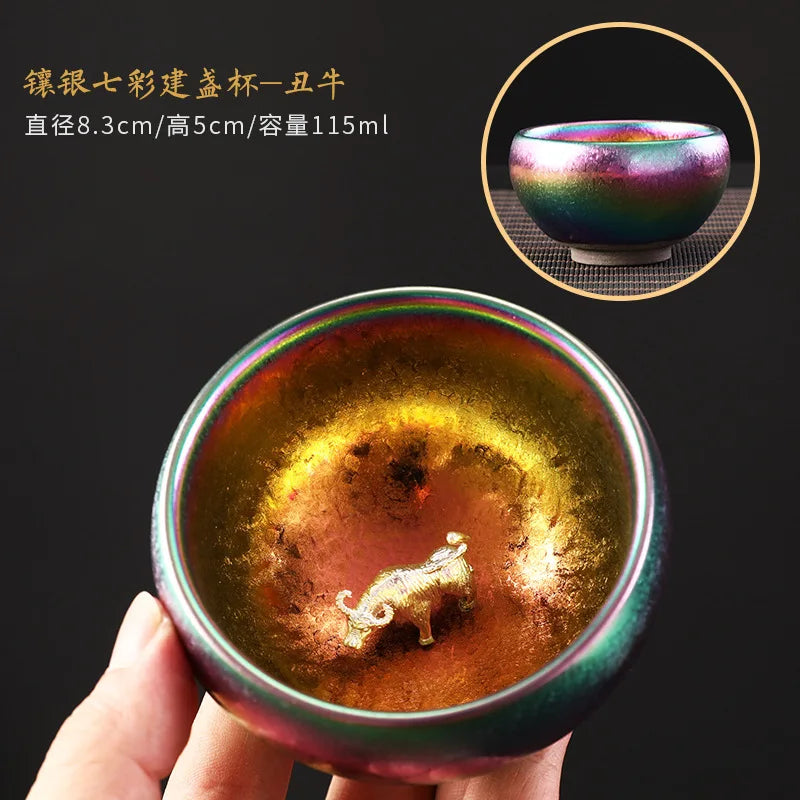 999silver Chinese zodiac colorful built sterling silver teacup ceramic kiln Kungfu tea set teacup tea cup master cup single cup