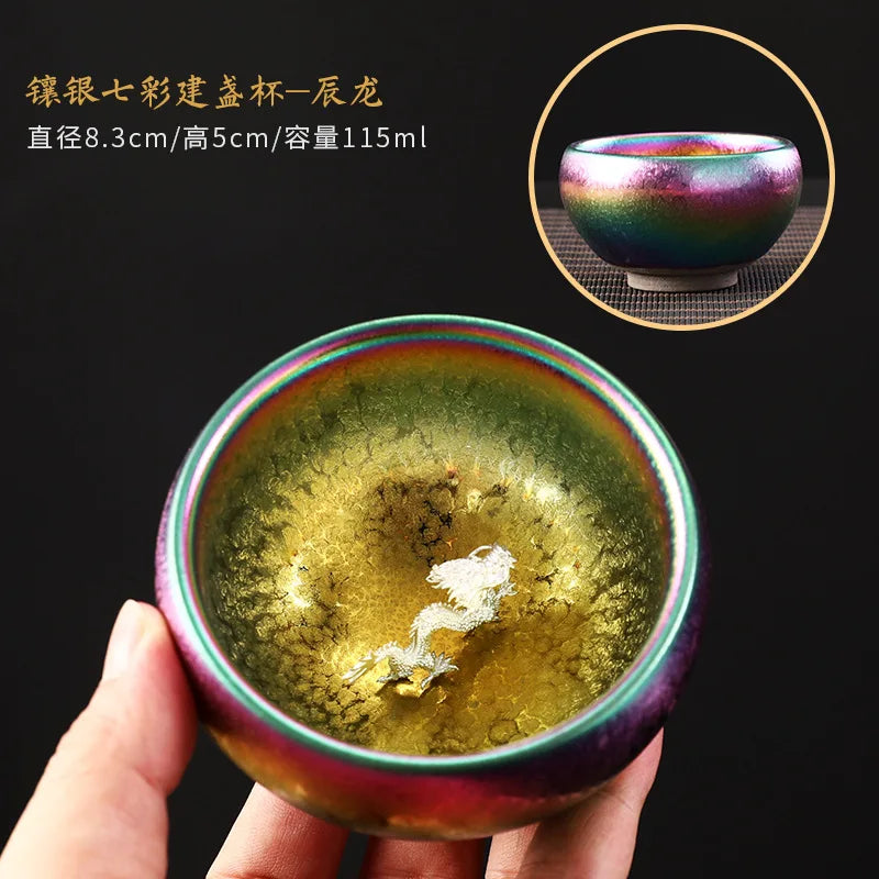999silver Chinese zodiac colorful built sterling silver teacup ceramic kiln Kungfu tea set teacup tea cup master cup single cup