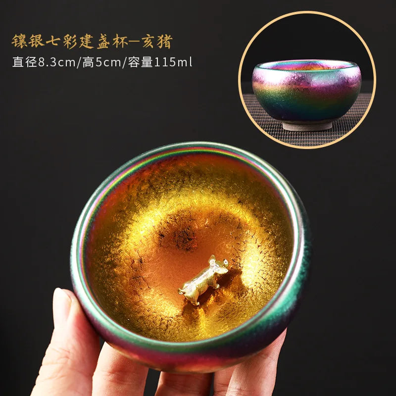 999silver Chinese zodiac colorful built sterling silver teacup ceramic kiln Kungfu tea set teacup tea cup master cup single cup
